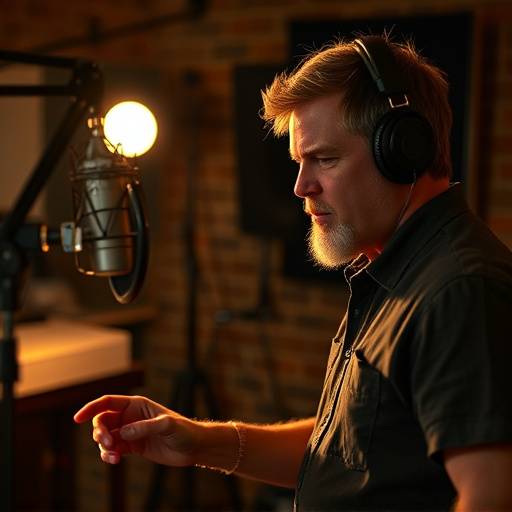 A foley artist recording sound effects in the foley stage at Aurora Audio Studios.