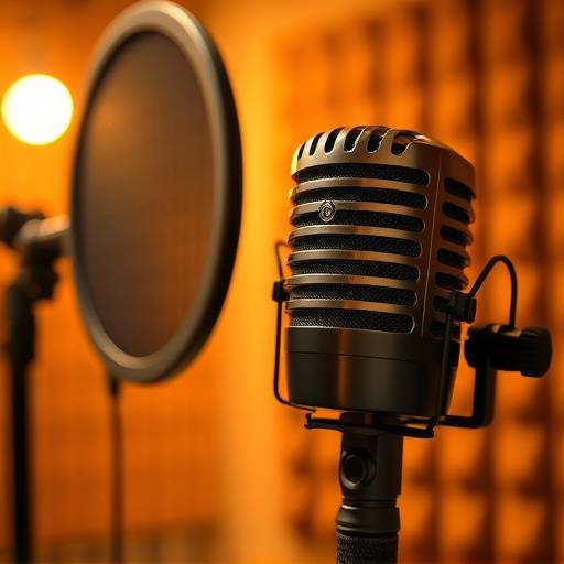 Close-up of a Neumann U87 microphone in the recording booth at Aurora Audio Studios.
