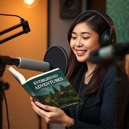 Voice-over recording session featuring Sarah Chen for 'Evergreen Adventures' audiobook project